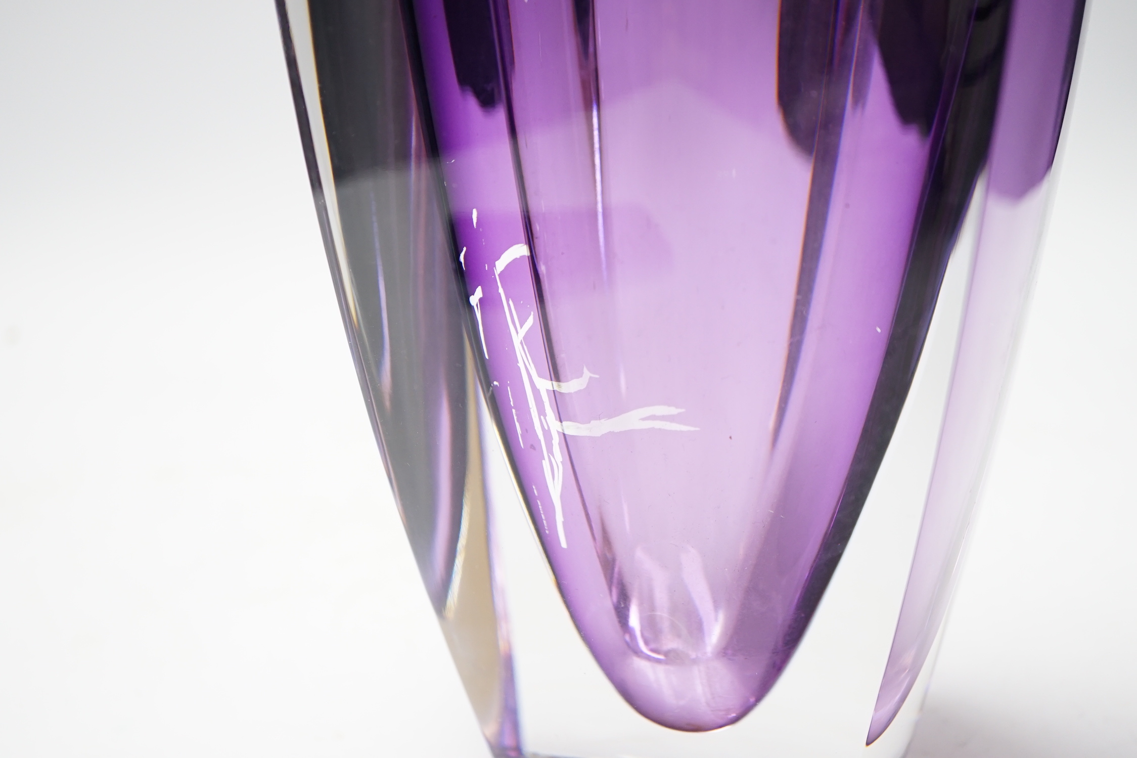 A Waterford amethyst stained square section glass vase, 24.5cm